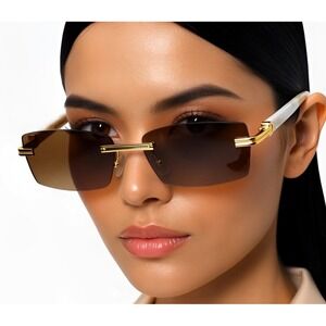 Rimless Sunglasses Rectangle Women Brown Lens Gold Frame Fashion 80's 90's Style